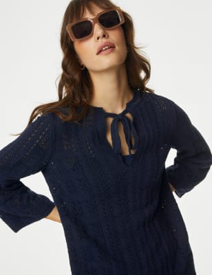 

Womens M&S Collection Strickkleid mit hohem Baumwollanteil, V-Ausschnitt und Strukturmuster - Navy, Navy