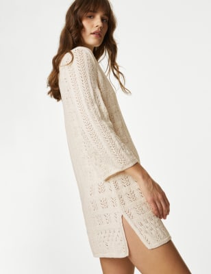 

Womens M&S Collection Strickkleid mit hohem Baumwollanteil, V-Ausschnitt und Strukturmuster - Ivory, Ivory