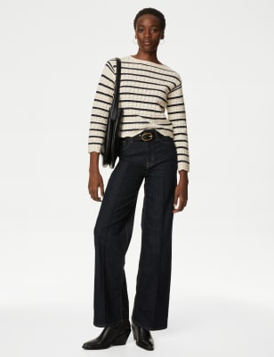 

Womens M&S Collection Gestreifter Strickpullover mit Rundhalsausschnitt und hohem Baumwollanteil - Ivory Mix, Ivory Mix