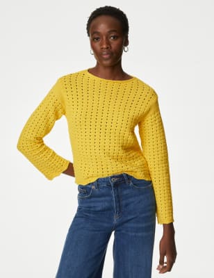 

Womens M&S Collection Cotton Rich Textured Crew Neck Jumper - Sunshine, Sunshine