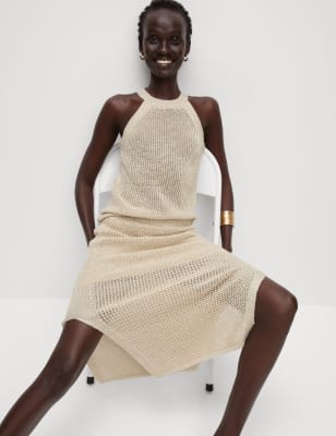 

Womens M&S Collection Gestrickter Midirock mit hohem Baumwollanteil und Strukturmuster - Gold, Gold