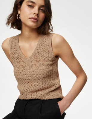 

Womens M&S Collection Cotton Rich Textured V-Neck Knitted Vest - Hessian, Hessian