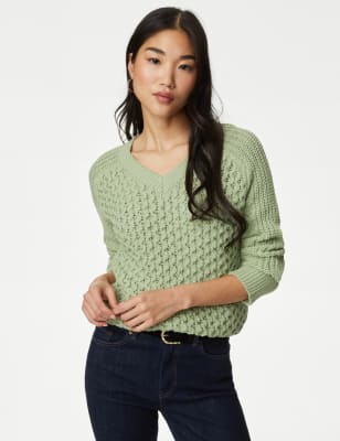 

Womens M&S Collection Cotton Rich Textured V-Neck Jumper - Pale Jade, Pale Jade