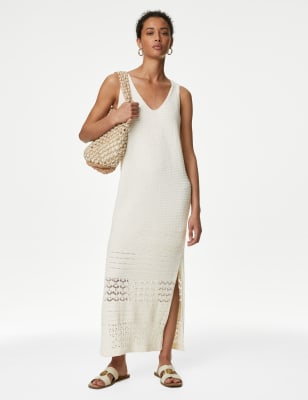 

Womens M&S Collection Cotton Rich Textured Midi Knitted Dress - Ivory, Ivory