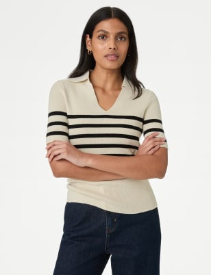 

Womens M&S Collection Cotton Rich Ribbed Striped Knitted Top - Ecru Mix, Ecru Mix