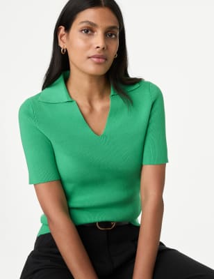 

Womens M&S Collection Cotton Rich Ribbed Collared Knitted Top - Medium Green, Medium Green