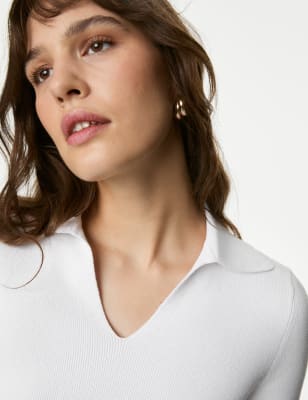 

Womens M&S Collection Geripptes Strickoberteil mit hohem Baumwollanteil und Kragen - Soft White, Soft White