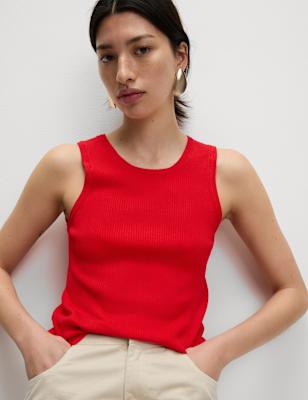 

Womens M&S Collection Ribbed Crew Neck Fitted Knitted Vest, Tomato