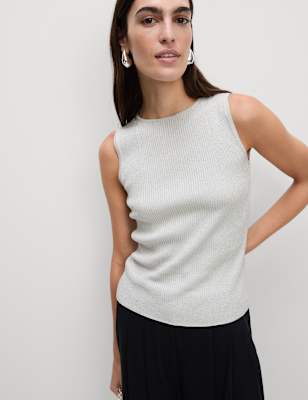 

Womens M&S Collection Metallic Ribbed Crew Neck Cropped Vest Top, Silver