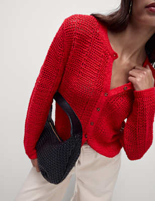 

Womens M&S Collection Cotton Rich Open Stitch Cropped Cardigan, Tomato
