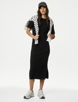 

Womens M&S Collection Midi-Strickkleid mit Rundhalsausschnitt und Schlitzsaum - Black, Black