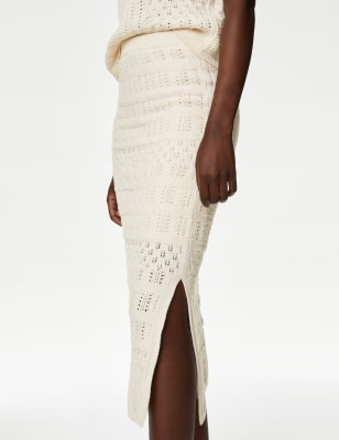

M&S Collection Falda de punto a media pierna de algodón texturizadaWomens - Ivory, Ivory