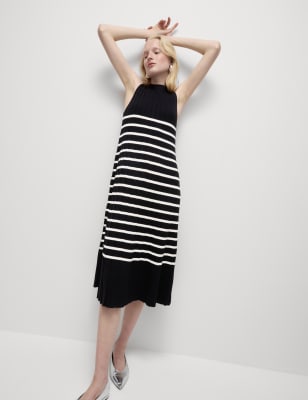 

Womens M&S Collection Striped Ribbed Knitted Midi Dress - Black, Black