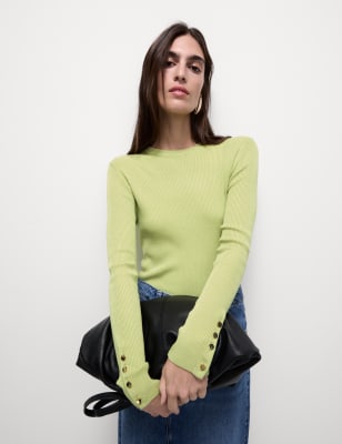 

Womens M&S Collection Ribbed Crew Neck Button Detail Jumper - Pistachio, Pistachio