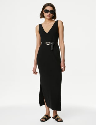 

M&S Collection Vestido columna a media pierna de escote en pico de punto de algodónWomens - Black, Black