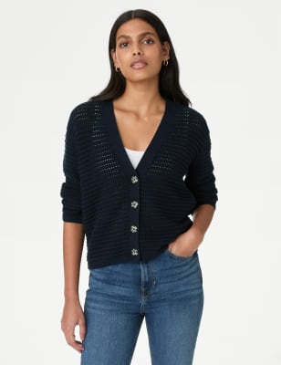 

Womens M&S Collection Cotton Rich Textured V-Neck Cardigan - Navy, Navy