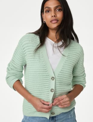 

Womens M&S Collection Strukturierte Strickjacke mit hohem Baumwollanteil und V-Ausschnitt - Light Green, Light Green