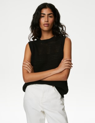 

Womens M&S Collection Gestricktes Pointelle-Trägertop mit hohem Baumwollanteil - Black, Black