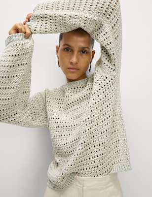 

Womens M&S Collection Textured Crew Neck Jumper with Cotton, Soft Turquoise