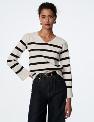 

Womens M&S Collection Cotton Rich Striped V-Neck Jumper - Light Natural, Light Natural