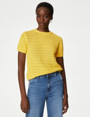

Womens M&S Collection Cotton Rich Crew Neck Textured Knitted Top - Sunshine, Sunshine