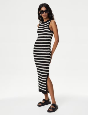 

M&S Collection Vestido de punto a media pierna de rayas de algodónWomens - Black Mix, Black Mix
