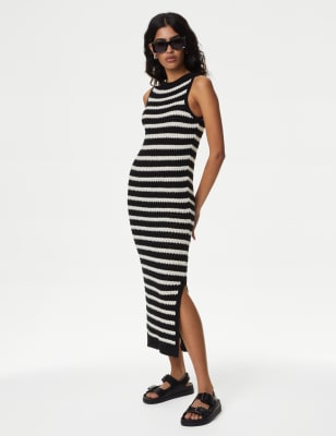 

Womens M&S Collection Cotton Rich Striped Midi Knitted Dress - Black Mix, Black Mix