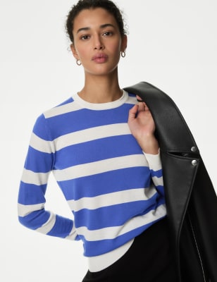 

Womens M&S Collection Pure Merino Wool Striped Jumper - Blue Mix, Blue Mix