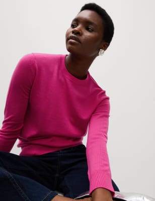 

Womens M&S Collection Pure Merino Wool Crew Neck Jumper - Bright Pink, Bright Pink