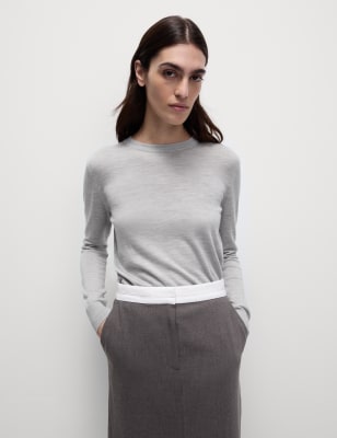 

Womens M&S Collection Pullover aus reiner Merinowolle mit Rundhalsausschnitt - Light Grey, Light Grey