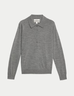 

Womens M&S Collection Pure Merino Wool Ribbed Polo Neck Jumper - Mid Grey Marl, Mid Grey Marl