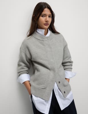 

Womens M&S Collection Textured Air-Yarn Crew Neck Knitted Jacket - Grey Marl, Grey Marl