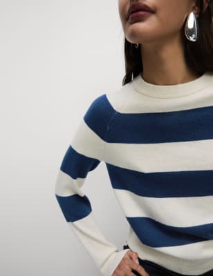 

Womens M&S Collection Air-Yarn Striped Crew Neck Jumper - Dark Blue Mix, Dark Blue Mix