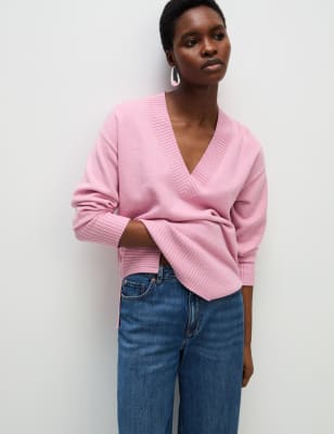

Womens M&S Collection Lockerer Strickpullover aus Luftgarn mit V-Kragen - Rose Pink, Rose Pink