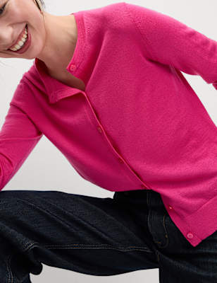 

Womens M&S Collection Pure Merino Wool Crew Neck Cardigan, Bright Pink