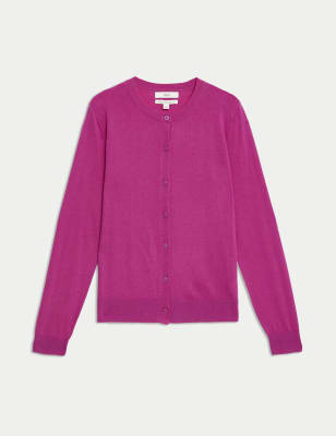 

Womens M&S Collection Pure Merino Wool Crew Neck Cardigan - Fuchsia, Fuchsia