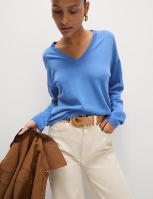 

Womens M&S Collection Pullover aus reiner Merino-Wolle mit V-Ausschnitt - Cornflower, Cornflower