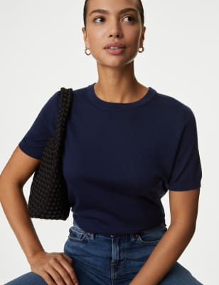 

M&S Collection Top de punto 100% lana de merino de escote cerradoWomens - Navy, Navy