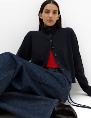 Womens M&S Ribbed Collared Button Through Knitted Jacket with Wool, Midnight Navy