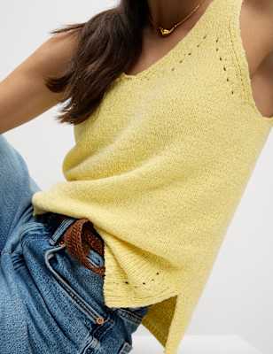 Womens M&S Collection Cotton Blend Textured V-Neck Knitted Vest, Buttercup