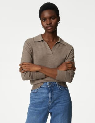 

Womens M&S Collection Pullover aus reiner Merinowolle mit Kragen - Cappuccino, Cappuccino