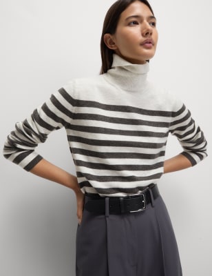 

Womens M&S Collection Air-Yarn Striped Roll Neck Jumper - Light Grey, Light Grey