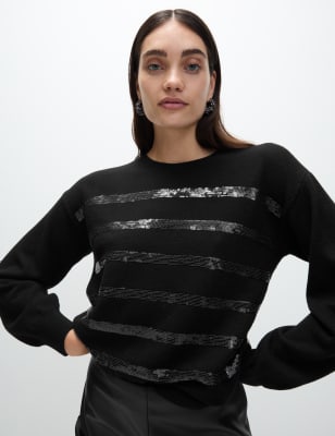 

Womens M&S Collection Sequin Stripe Crew Neck Jumper - Black, Black