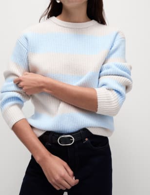 

Womens M&S Collection Cloud-Yarn Striped Crew Neck Jumper - Ice Blue, Ice Blue