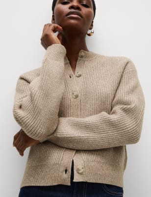 

Womens M&S Collection Gerippte Strickjacke mit Knopfleiste vorne - Cappuccino, Cappuccino