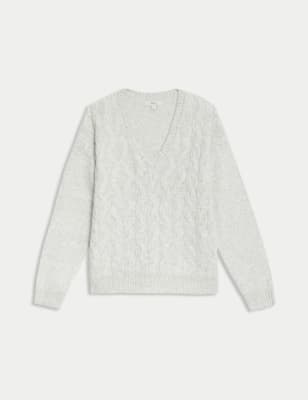 

Womens M&S Collection Cloud-yarn Cable Knit V-Neck Jumper - Pebble, Pebble