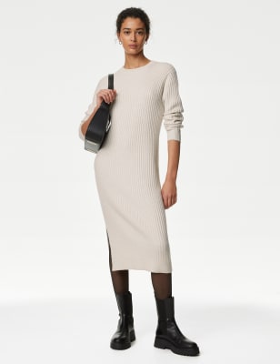 Fashion M And S Knitted Dress Ribbed Knitted Midi Dress BLACK Dresses M&S IT