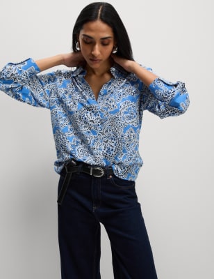 

Womens M&S Collection Printed Collared Shirt - Blue Mix, Blue Mix