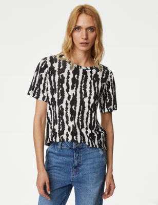 

Womens M&S Collection Linen Blend Printed Top - Black Mix, Black Mix