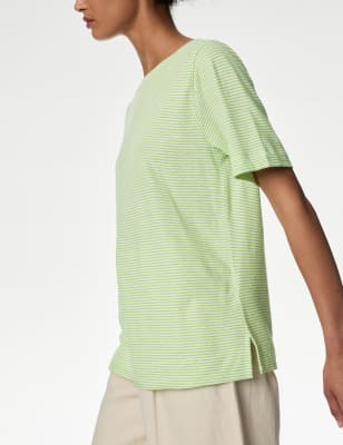 

Womens M&S Collection Gestreiftes T-Shirt aus Leinenmischgewebe - Light Green Mix, Light Green Mix